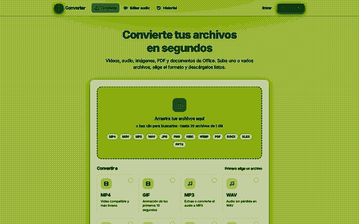 Pantalla principal de Converter App para subir archivos y elegir el formato