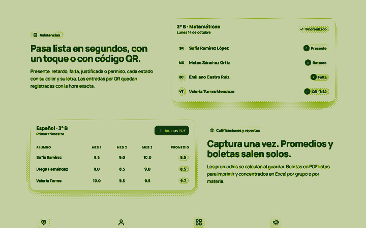 Pase de lista de un grupo y tabla de calificaciones en Plantelia